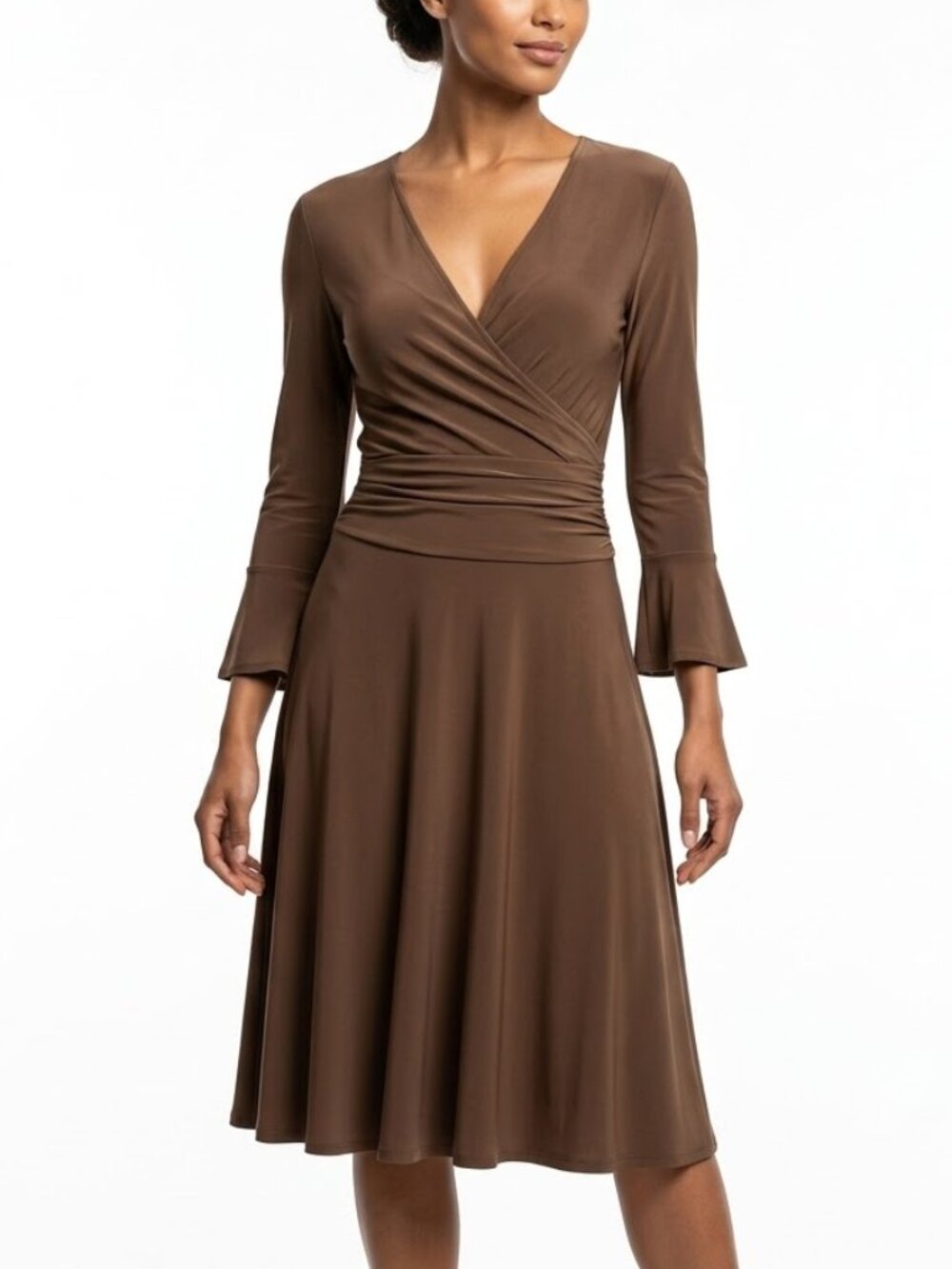 Modbe Chocolate Brown Whimsigoth Faux Wrap Bell Sleeve Midi Dress Size Small